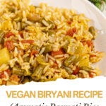 A plate of Vegan Biryani made with basmati rice, green beans, and assorted vegetables, served with a side of fresh green beans. Recipe title text appears below the image.