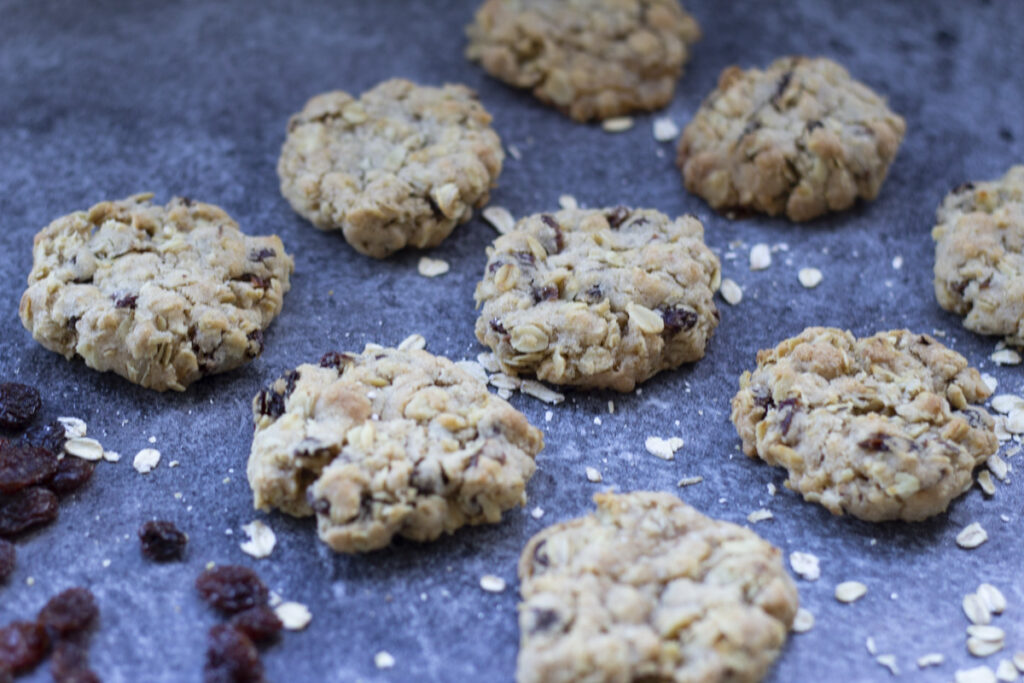 Vegan Oatmeal Raisin Cookies on a tray