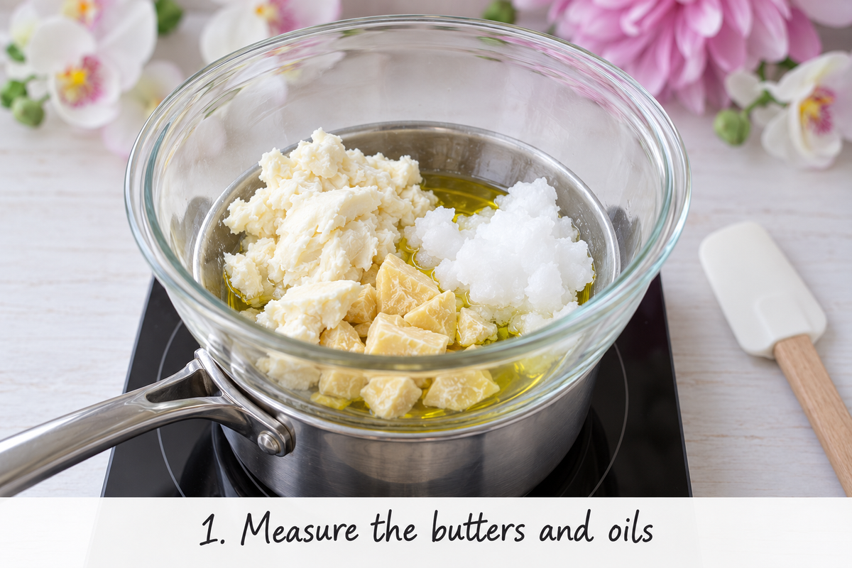 How To Make Body Butter - Vegan Whipped Body Butter Recipe 110 A glass bowl with solid and liquid butters and oils sits on a saucepan over heat, showing how to make body butter. Flowers and a spatula are in the background.