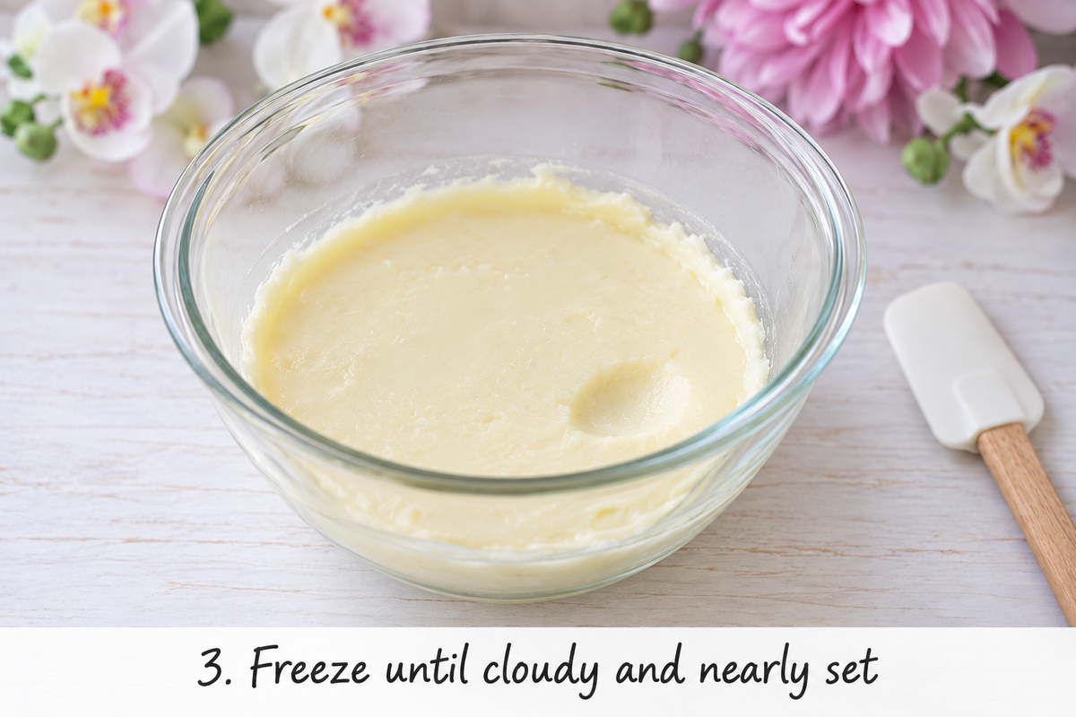 How To Make Body Butter - Vegan Whipped Body Butter Recipe 112 A glass bowl with a creamy mixture sits on a light surface next to a white spatula and flowers, showing a step in how to make body butter. Text: