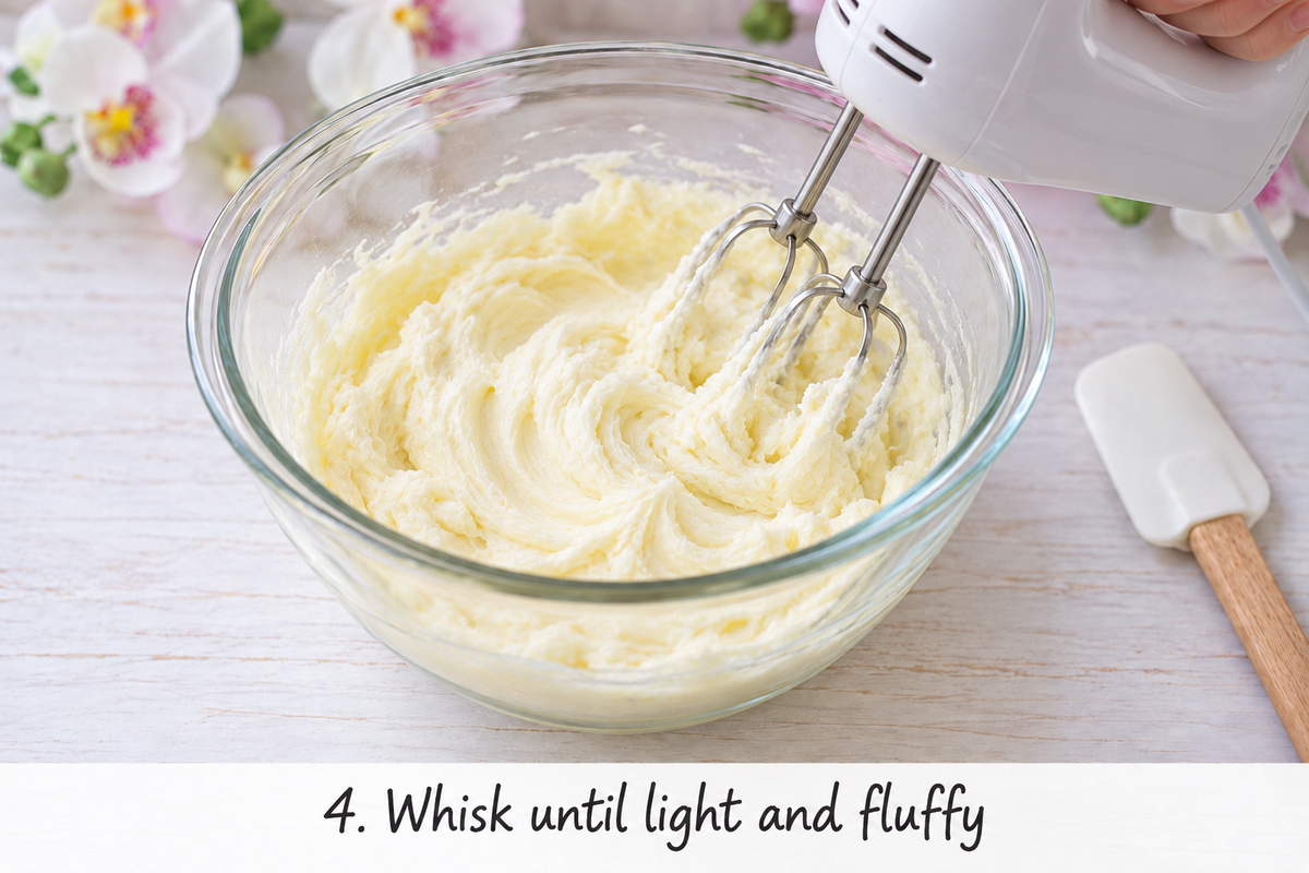 How To Make Body Butter - Vegan Whipped Body Butter Recipe 113 A hand mixer blends a creamy batter in a glass bowl on a wooden surface, showing how to make body butter. Flowers and a spatula sit nearby. Text reads,