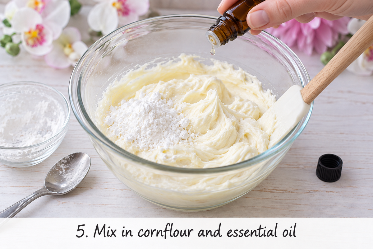 How To Make Body Butter - Vegan Whipped Body Butter Recipe 114 A glass bowl with a creamy mixture shows how to make body butter-cornflour, essential oil drops, spatula, spoon, and flowers rest on a light surface nearby.