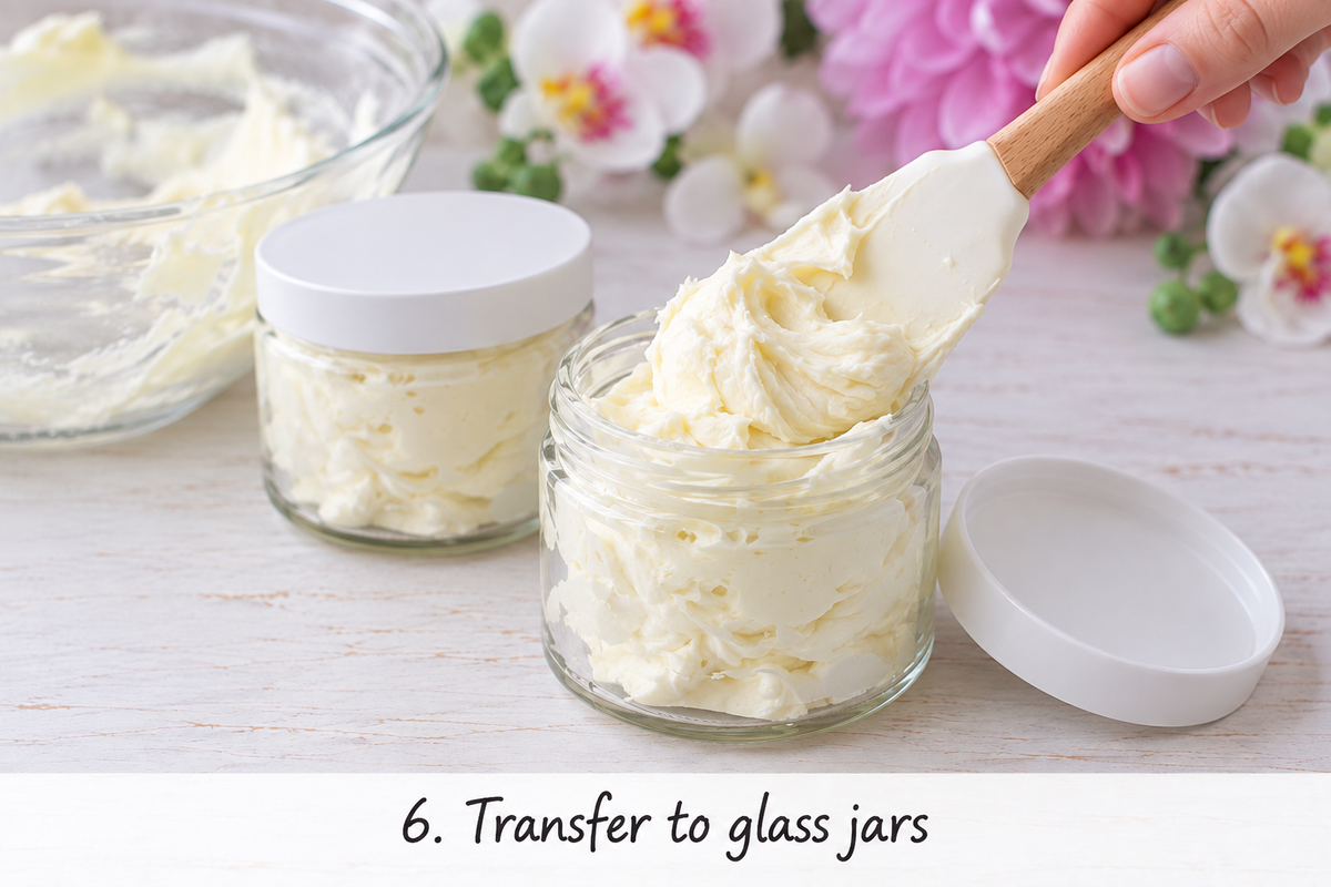 How To Make Body Butter - Vegan Whipped Body Butter Recipe 115 A hand uses a spatula to fill glass jars with a creamy body butter mixture. Two jars with white lids are on a white surface, flowers in the background. Text reads: