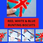 Vegan red, white, and blue bunting biscuits are displayed. The top image showcases a triangular biscuit with a Union Jack design. More decorated bunting biscuits are shown in smaller images below. Text: "For the King's Coronation. Get the recipe.