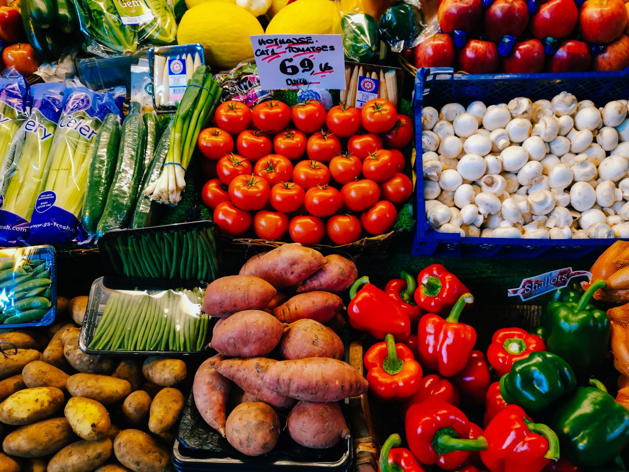fruit and vegetables on a market stall