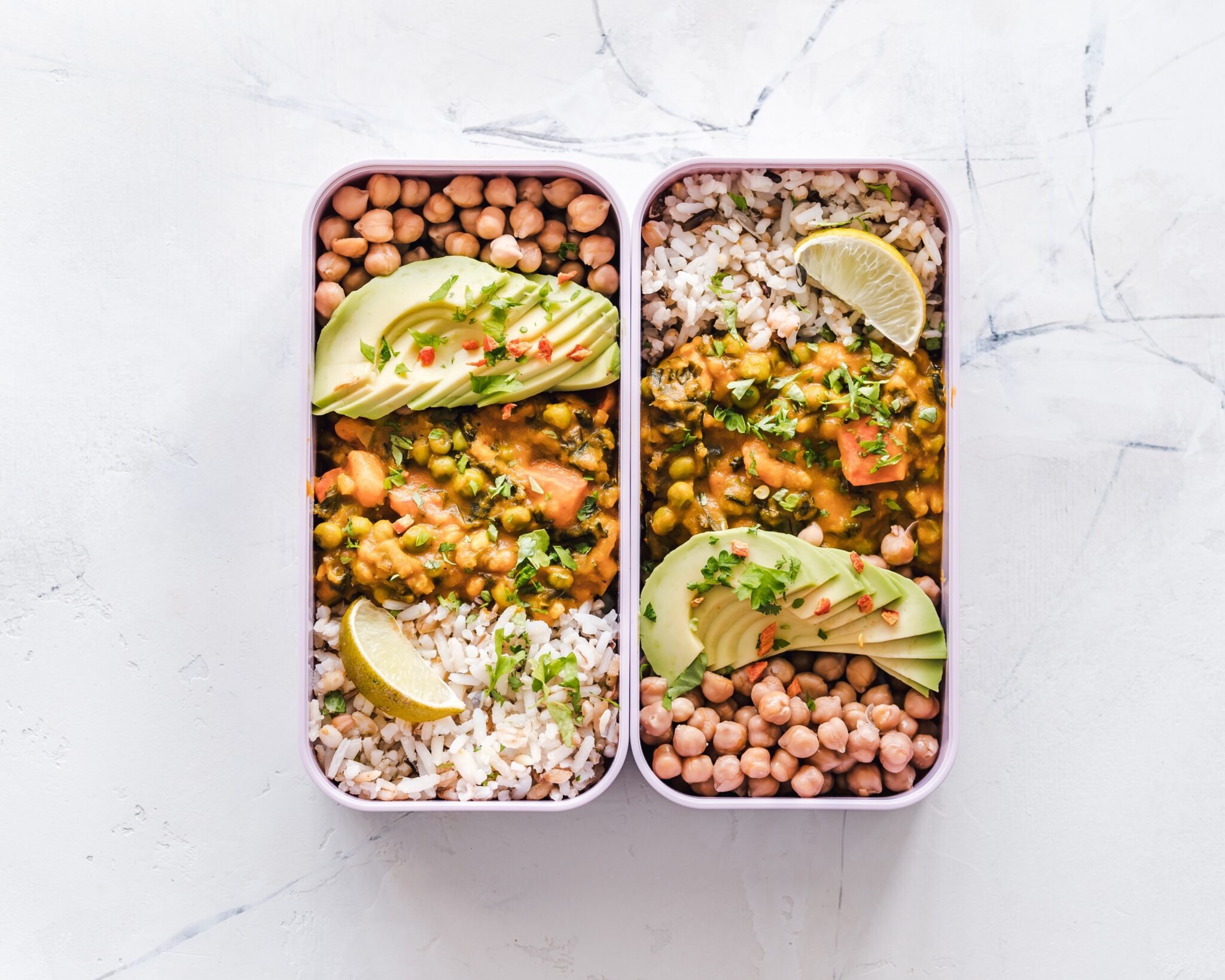 avocado, rice and chickpeas in a lunchbox