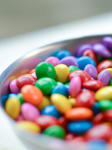 a bowl of m&m's.
