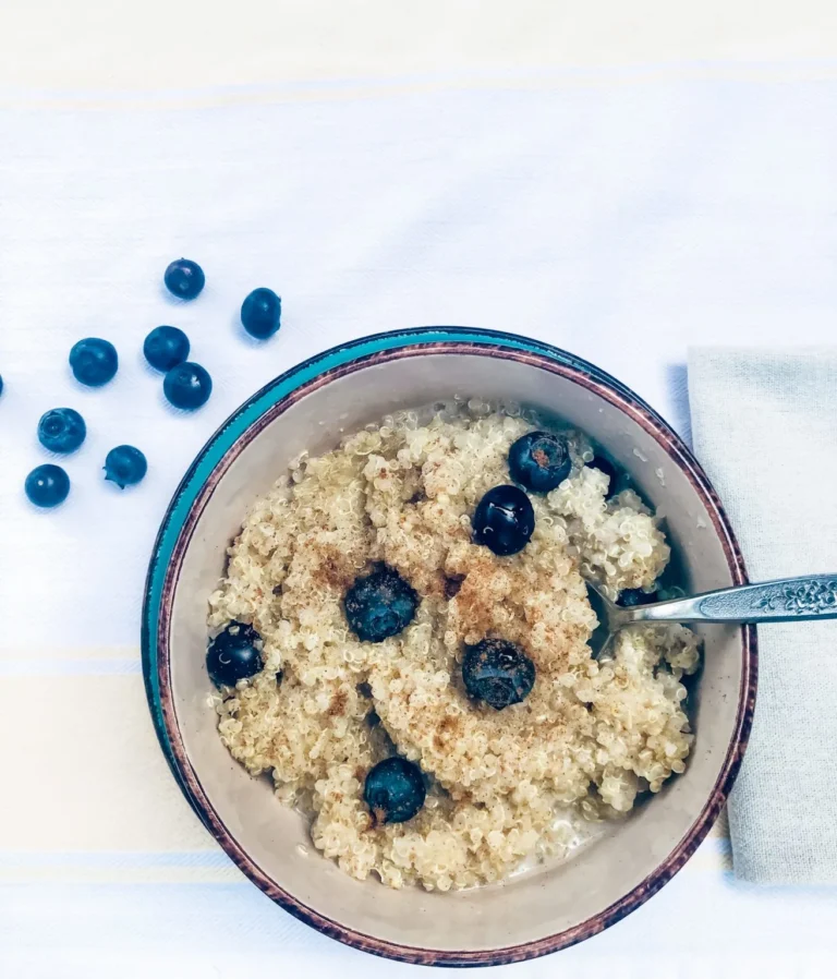 High Protein, Low Calorie Vegan Recipes 5 breakfast quinoa with blueberries and cinnamon.