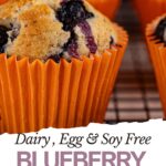 Close-up of vegan blueberry muffins in orange paper liners on a cooling rack, labeled as dairy, egg, and soy free.