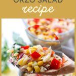 A close-up of a spoonful of vibrant rainbow orzo salad featuring colorful orzo pasta, corn, red bell peppers, and herbs, with the recipe title above.