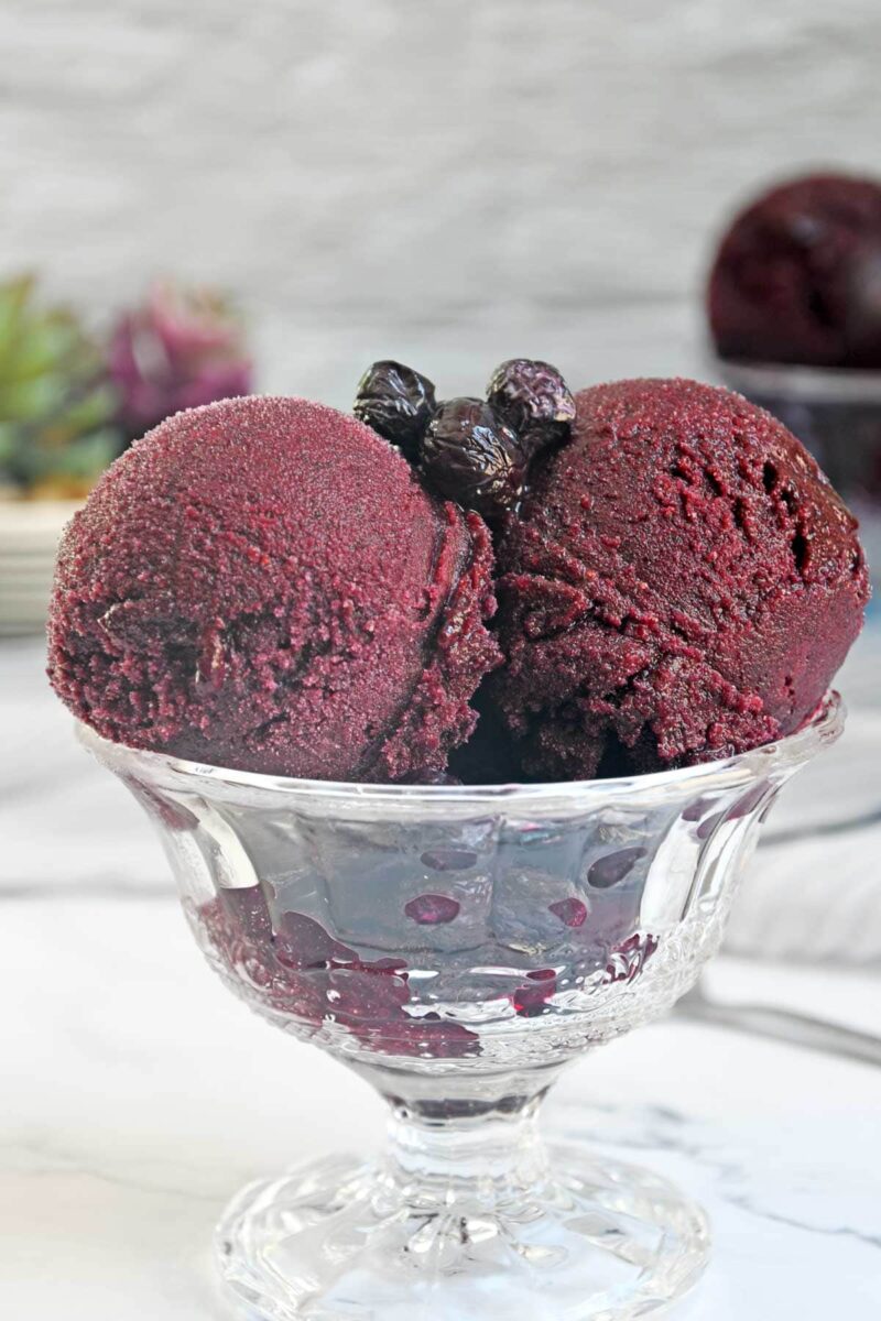 30 Delicious Vegan Blueberry Dessert Recipes 35 Two scoops of vegan blueberry sorbet in a clear serving bowl.