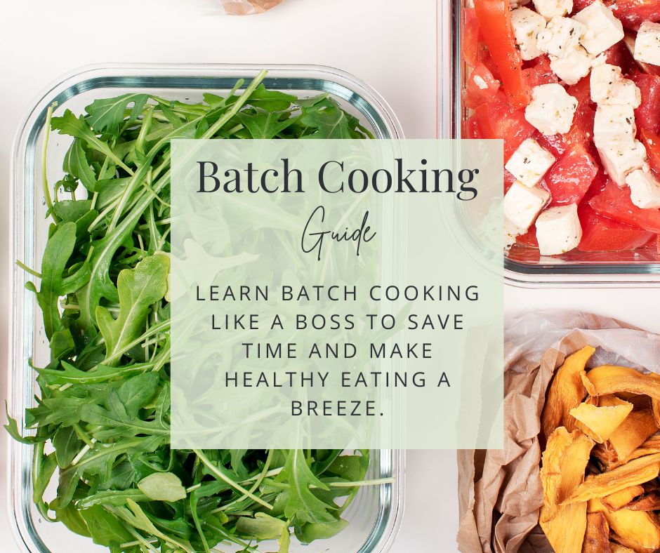 An overlay text reads "Vegan Batch Cooking Guide: Learn batch cooking like a boss to save time and make healthy eating a breeze" on an image of arugula, chopped tomatoes with cheese, and dried fruits.