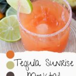 A close-up of a tequila sunrise mocktail garnished with a lime slice, presented on a textured placemat. The text at the bottom reads "Tequila Sunrise Mocktail" with a color palette beside it.