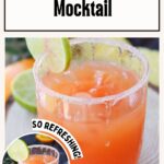 A glass of Tequila Sunrise mocktail garnished with a lime slice, shown with ice and a sugared rim. The text at the bottom reads, "Full recipe here: www.wemadethisvegan.com.