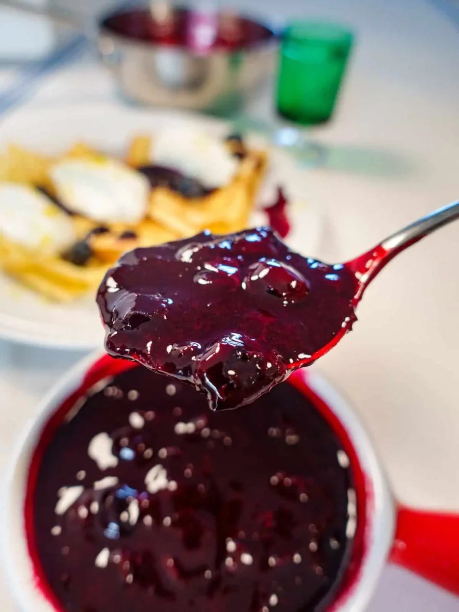 30 Delicious Vegan Blueberry Dessert Recipes 19 Spoon scooping homemade vegan blueberry compote from a jar.