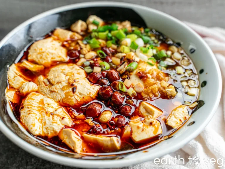 The Best High Protein Plant Based Snacks For On-The-Go 20 A bowl of spicy tofu soup garnished with green onions and peanuts. The rich, reddish broth teems with high-protein tofu chunks and other delicious ingredients, perfect for plant-based enthusiasts.