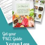 Check out our promotional image for a free Vegan Food Guide, spotlighting a low FODMAP diet. The cover showcases vibrant vegetables and dishes, while inside you'll find pages brimming with text and delicious recipes. Dive into plant-based eating at wemadethisvegan.com.