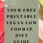 Explore your Free Printable Vegan Low FODMAP Food Guide. The vibrant background showcases a colorful array of fruits and vegetables, inviting you to dive into the world of plant-based eating. Visit wemadethisvegan.com for more delicious insights.