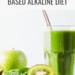 A green smoothie in a glass with a straw, surrounded by spinach leaves, a green apple, and sliced kiwi illustrates the benefits of an alkaline diet. Text above reads, "The Benefits of a Plant-Based Alkaline Diet.