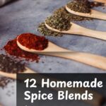 Wooden spoons filled with various spices rest elegantly on a table, showcasing "12 Homemade Spice Blends for Vegan Food.
