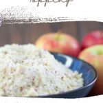 A bowl of vegan crumble topping with apples in the background. Text reads "Easy Vegan Crumble" and "wemadethisvegan.com".