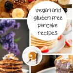 A vibrant collage showcases an array of vegan and gluten-free pancakes topped with fresh fruits and drizzled with syrup. The text elegantly reads "Vegan and Gluten-Free Pancake Recipes," inviting you to explore delicious mornings.