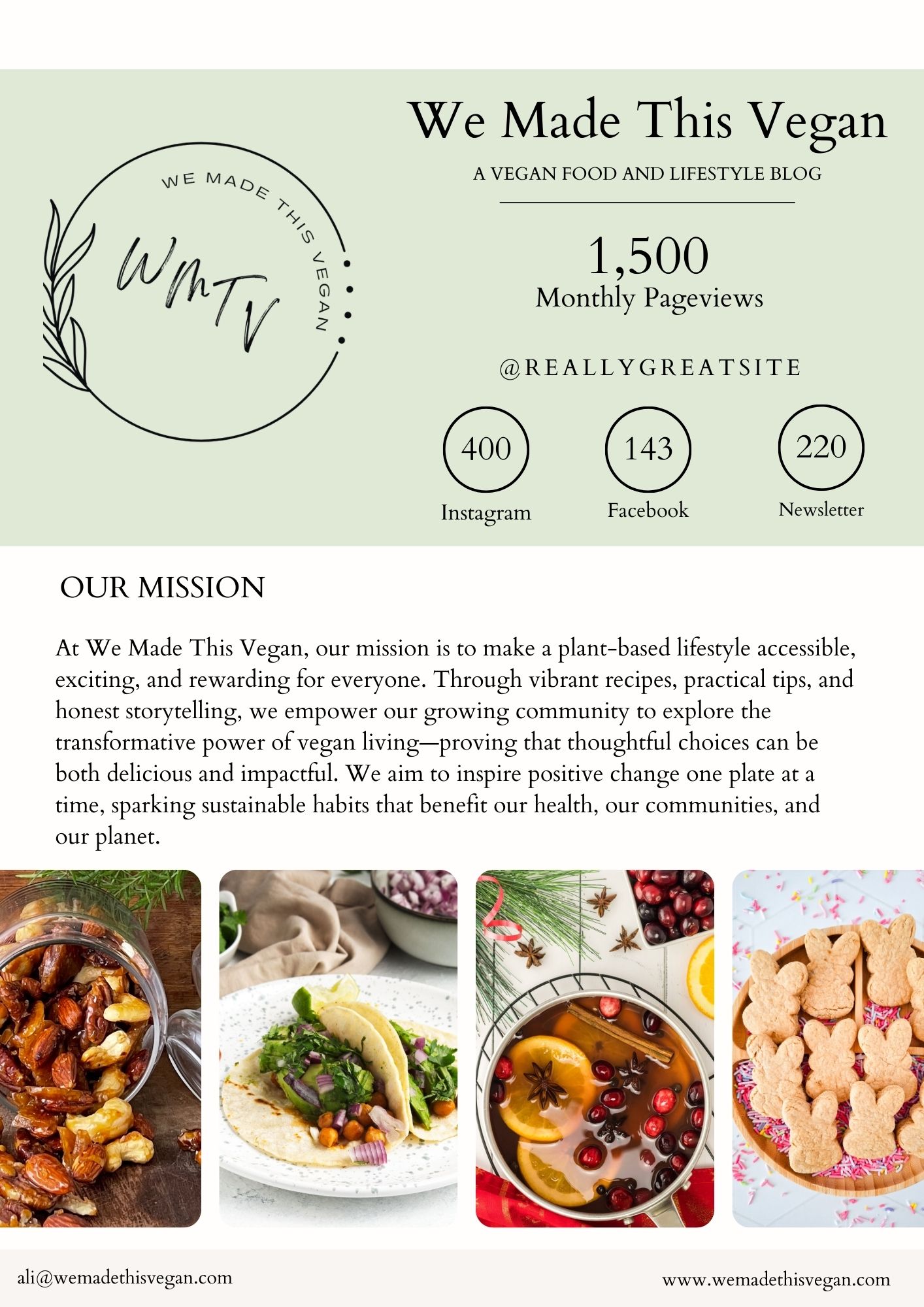 Minimalist vegan blog flyer with mission statement and media kit. Shows statistics: 400 Instagram, 143 Facebook, 220 Newsletter subscribers. Features food images and contact info at the bottom.