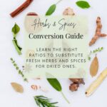 A captivating cover features the "Herbs & Spices Conversion Guide," with an array of aromatic herbs and spices artfully arranged around the text, promising a free culinary adventure.