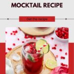 A glass of pomegranate fizz sits elegantly with ice, a lime slice, and a striped straw on a wooden coaster. Beside it are vibrant pomegranate seeds and an extra lime slice. The "Mocktail Recipe" text floats above, inviting you to indulge in its refreshing charm.