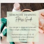 Flat lay of fitness equipment, including green dumbbells, a water bottle, and a resistance band on a light surface. Text overlay reads: "Free Fitness Guide for Strength Training.