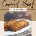 Plate with slices of Vegan Corned Beef made from tofu. Text reads "Vegan Corned Beef Recipe. Get the recipe." Website "wemadethisvegan.com" is noted at the bottom.