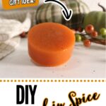 Round orange bar of handmade pumpkin spice soap on a white surface, with autumn decor in the background and text promoting it as an Easy Soap Recipe and perfect DIY gift idea.