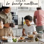 A family prepares food together in a kitchen, surrounded by fresh ingredients, with text highlighting plant based dinner ideas for family mealtimes.