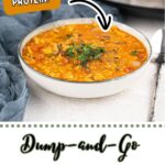 A bowl of lentil soup garnished with herbs sits on a white surface near a crockpot, with text highlighting it as "high protein" and labeling it "Dump-and-Go Crockpot Lentil Soup.