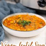 A bowl of vegan lentil soup garnished with herbs sits in front of a crockpot on a table with a blue cloth.