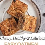 Three oatmeal cookie bars are arranged on a white plate with a brown rim, accompanied by text highlighting an easy and delicious oatmeal cookie bar recipe.