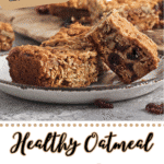 A close-up of healthy oatmeal cookie bars on a plate, with a label reading "Quick & Easy Oatmeal Cookie Bar Recipe" and the website wemadethisvegan.com at the bottom.