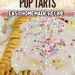Close-up of a vegan pop tart with icing and colorful sprinkles, alongside text promoting an easy homemade vegan pop tart recipe.