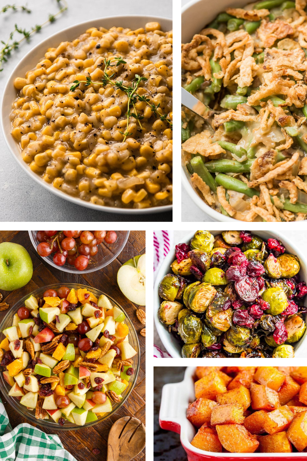 A collage of five dishes: creamed corn, green bean casserole, apple grape salad, roasted Brussels sprouts with cranberries, and glazed sweet potatoes.