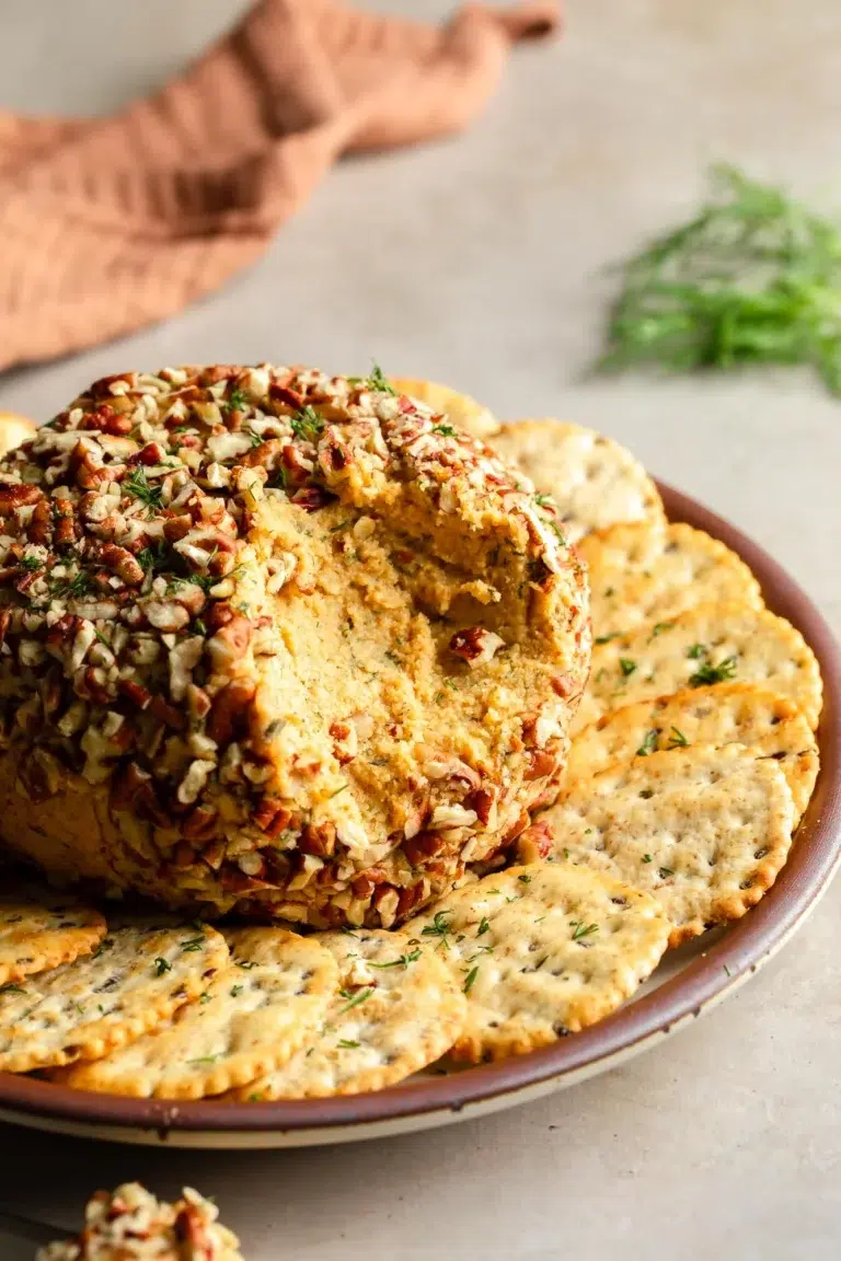20 of The Best Easy Vegan Appetizers - Options for Everyone 18 A round cheese ball coated with chopped nuts is served on a plate surrounded by crackers, with a portion scooped out-one of the best vegan appetizers for any gathering.