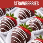 Close-up of chocolate covered strawberries with white chocolate drizzle, each placed in a white paper cup on a tray. Text reads "How to make chocolate coated strawberries—perfect for vegan recipes using vegan chocolate.