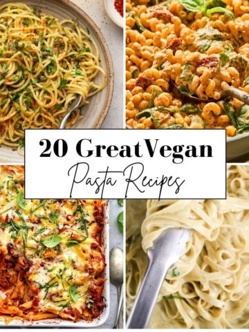 A collage of four delicious vegan pasta dishes surrounds a central text overlay that reads "20 Great Vegan Pasta Recipes" in bold and script fonts. Perfect for discovering easy vegan pasta ideas!.