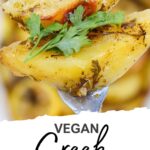 Close-up of easy Vegan Greek lemon potatoes, seasoned and garnished with fresh parsley on a fork, with text "Vegan Greek Lemon Potatoes" at the bottom—a vibrant garlic recipe perfect for any meal.