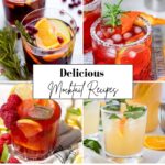 Four colourful non-alcoholic drinks with fruit and herbs are shown around a text label reading "Delicious Mocktail Recipes." Each clear glass features a unique garnish, perfect for discovering easy mocktail recipes.