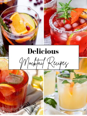 Four colourful non-alcoholic drinks with fruit and herbs are shown around a text label reading "Delicious Mocktail Recipes." Each clear glass features a unique garnish, perfect for discovering easy mocktail recipes.