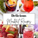 A collage of four colourful easy mocktails with fruit and herbs, surrounding text that reads "Delicious Mocktail Recipes.