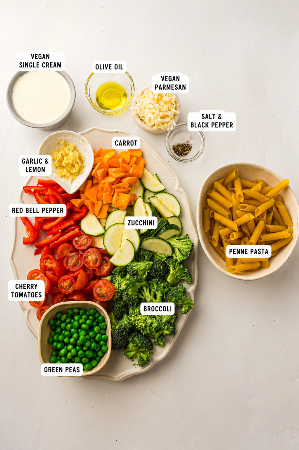 Creamy Vegan Pasta Primavera Recipe 249 A selection of ingredients for vegan pasta primavera, including penne, broccoli, courgette, carrot, red pepper, cherry tomatoes, garden peas, garlic & lemon, olive oil, vegan single cream, vegan parmesan, salt & pepper.