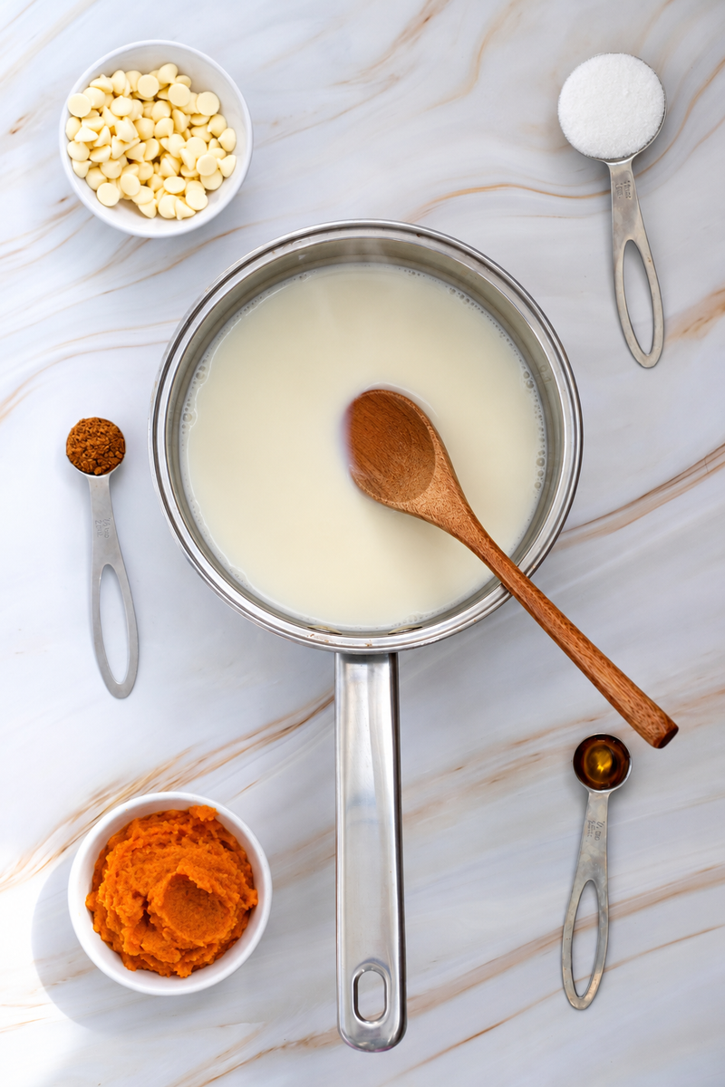 Pumpkin Pie Spice White Hot Chocolate Recipe 21 A saucepan of milk with a wooden spoon, surrounded by bowls of white chocolate chips and pumpkin purée, plus measuring spoons with sugar, instant coffee, and vanilla for a pumpkin white hot chocolate.