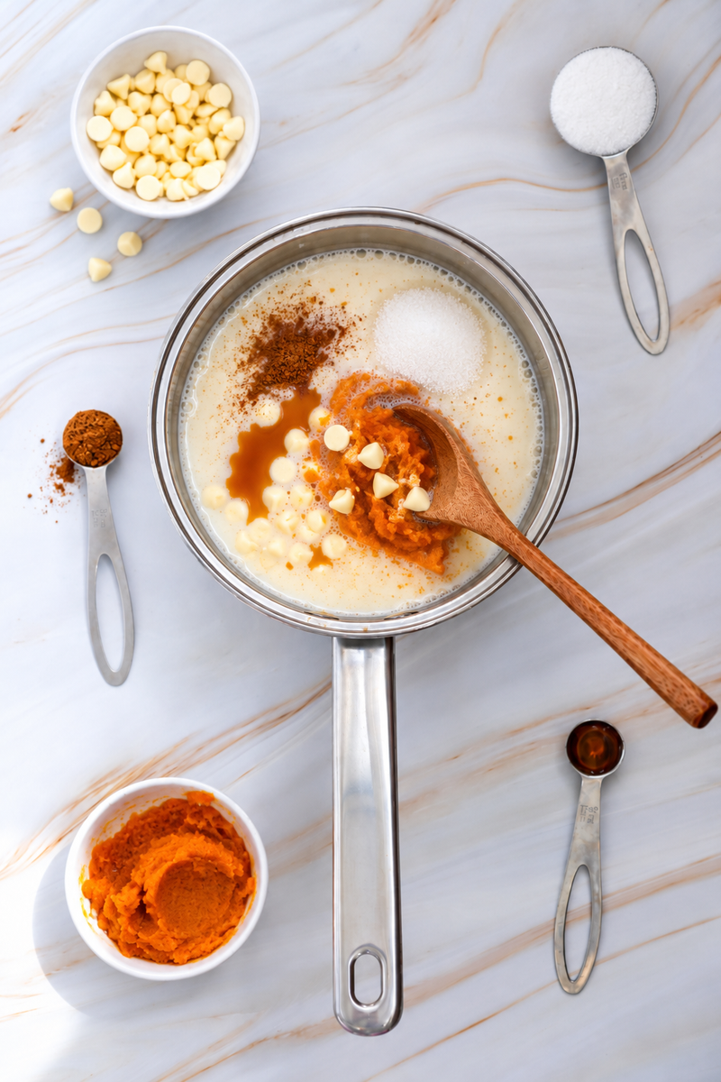 Pumpkin Pie Spice White Hot Chocolate Recipe 22 A wooden spoon stirs pumpkin pie spice, milk, pumpkin purée, white chocolate chips, and sugar in a saucepan, with measuring tools nearby on a marble surface for this white hot chocolate recipe.