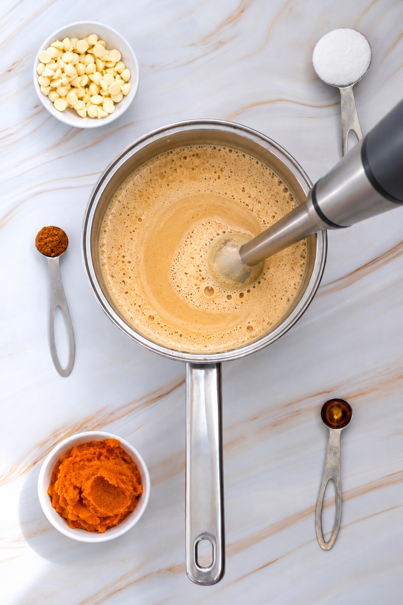 Pumpkin Pie Spice White Hot Chocolate Recipe 23 An immersion blender mixes a smooth, tan pumpkin pie spice white hot chocolate in a stainless steel saucepan, surrounded by bowls of chocolate chips, pumpkin purée, sugar, cinnamon, and vanilla.